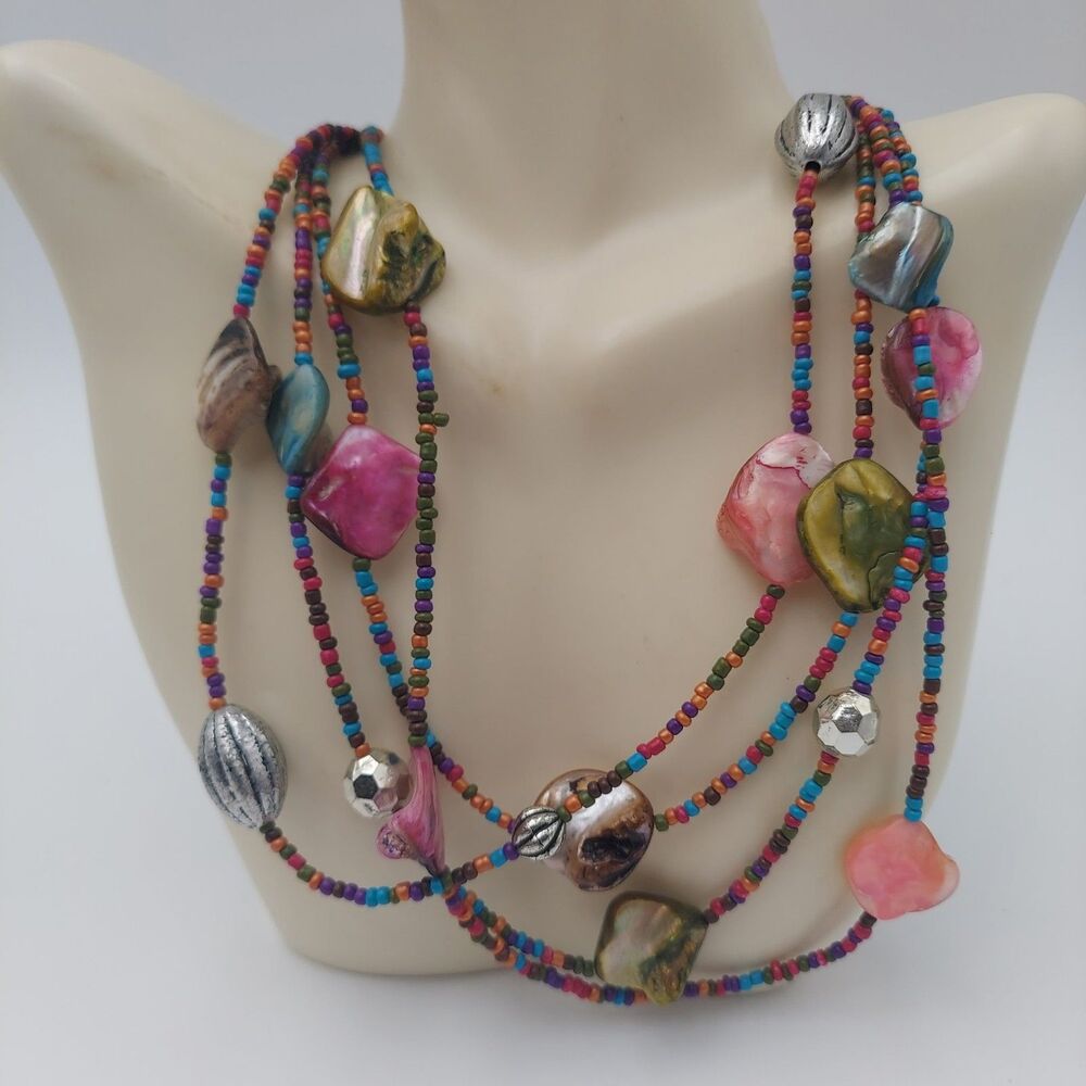 4 Strand Shell & Beads Multicolor Necklace 18" + 2"